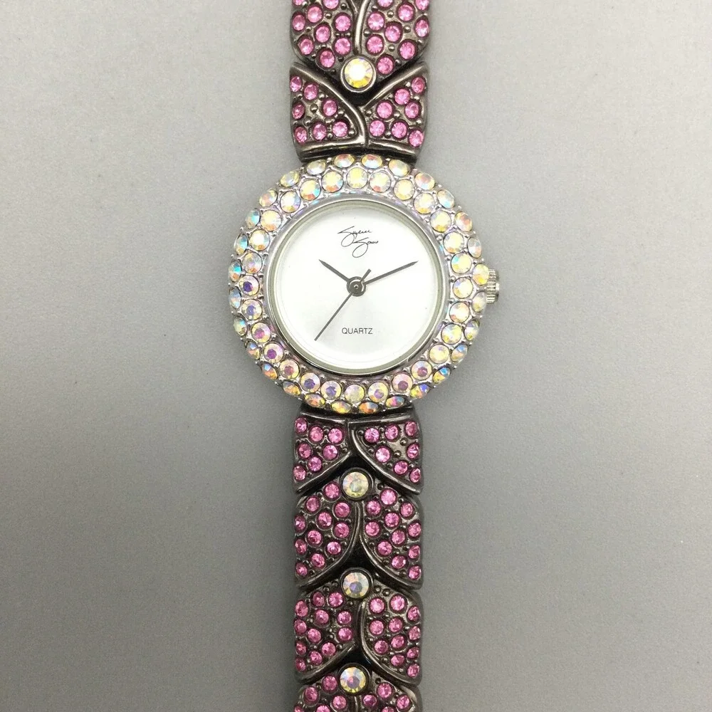 Suzanne Somers Womens Watch 25mm White Dial Pink Crystal Bracelet New Battery